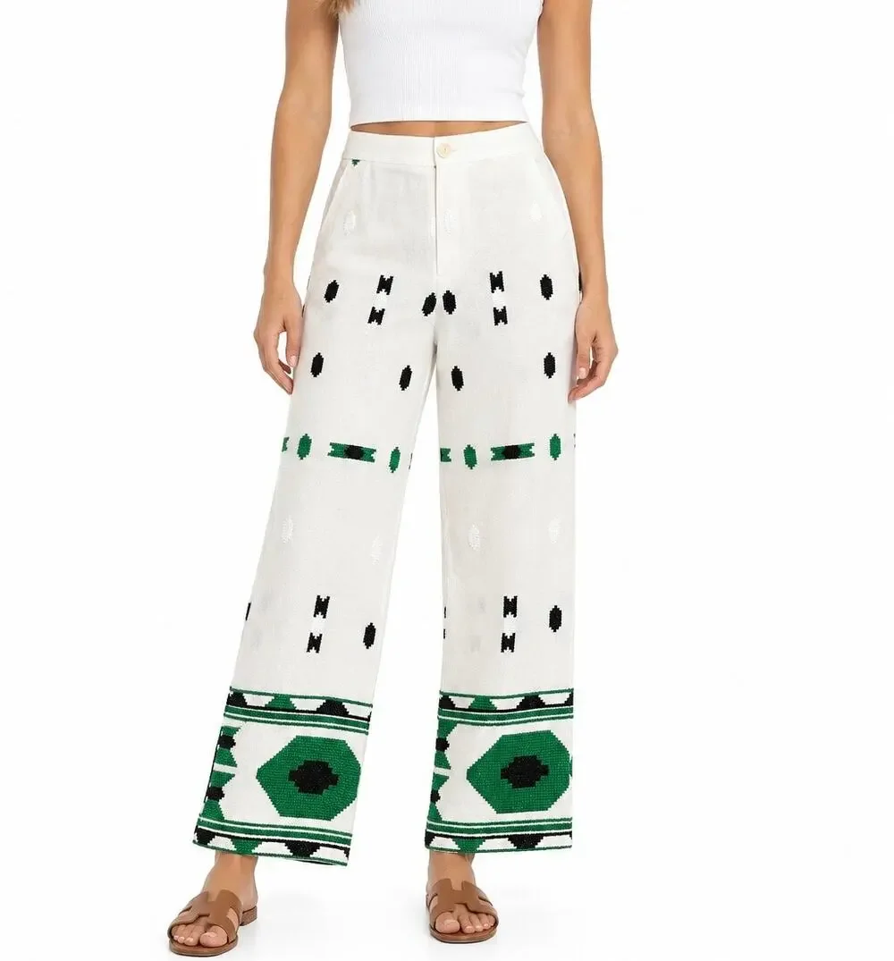 Zara Embroidered Linen Blend Geometric Pants White Green Black M